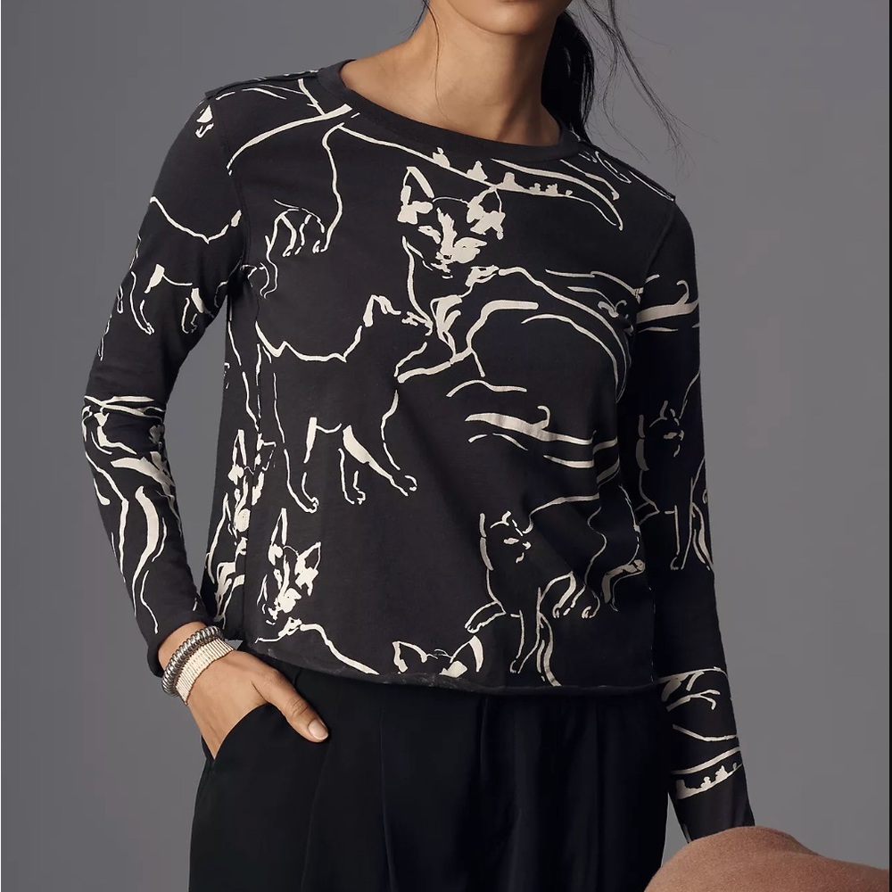 NWT Maeve Anthropologie Caitlin Boxy Tee Cat Print Top XS Size NEW
